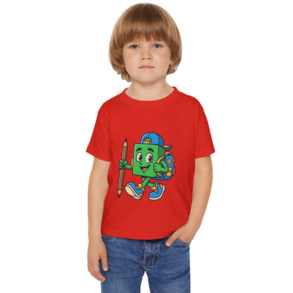 Back-to-School Cartoon Backpack Character Toddler T-shirt | Pencil Walking Kids ShirtTricou Personalizat pentru Băieți cu Aventurier Cartoon | 100% Bumbac Premium pentru Copii