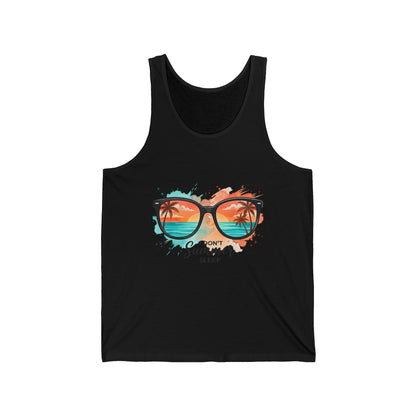 Summer Sunglasses Tank | Beach Sunset Palm Tree GraphicMaiou Damă Premium „Summer Never Sleeps” – 100% Bumbac Airlume, Design Artistic cu Ochelari și Vibe Tropical