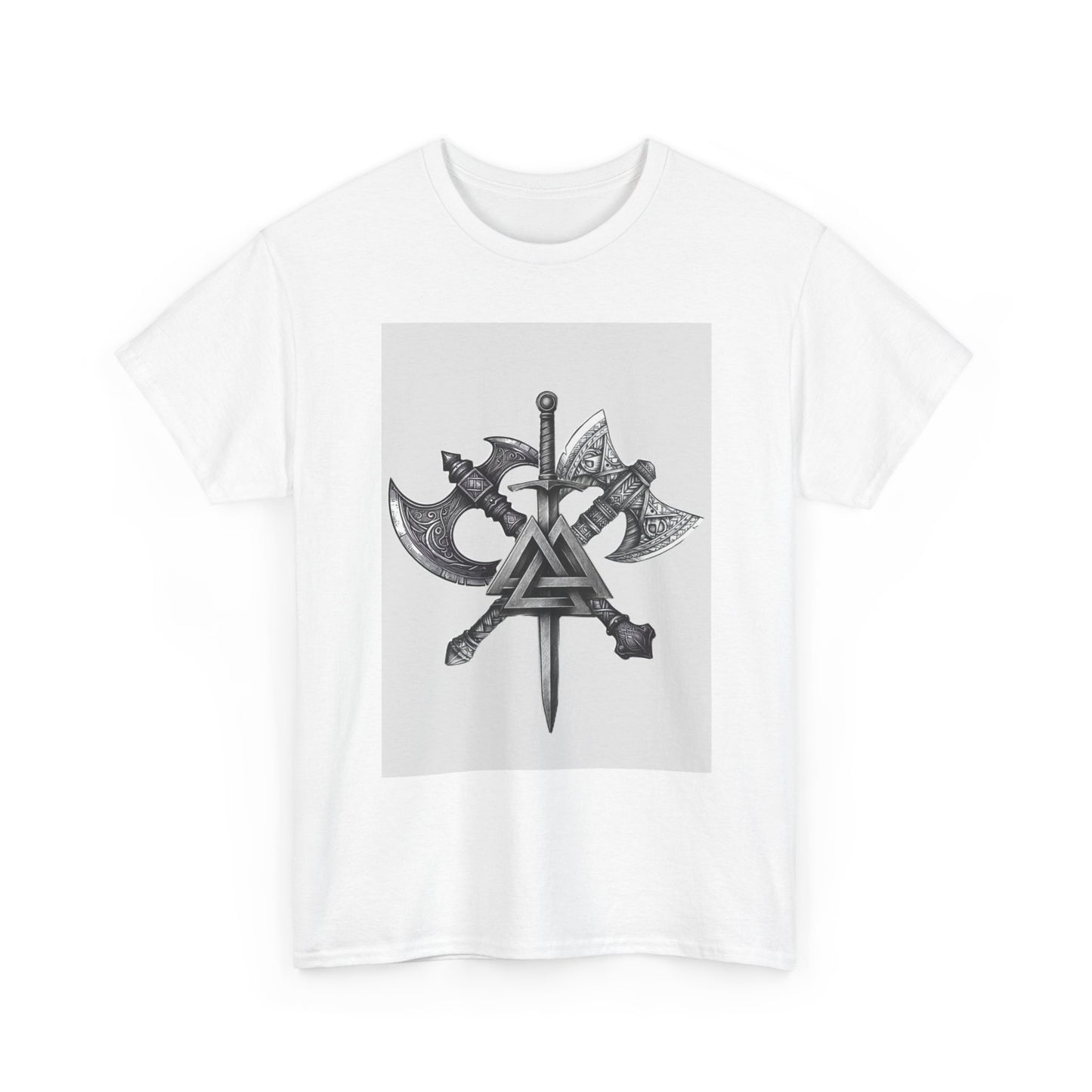 Valknut Viking Axe and Sword T-Shirt | Norse Rune Knotback Tee