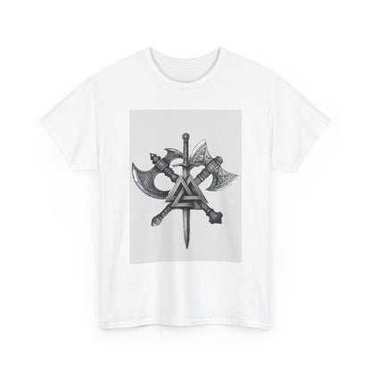 Valknut Viking Axe and Sword T-Shirt | Norse Rune Knotback Tee