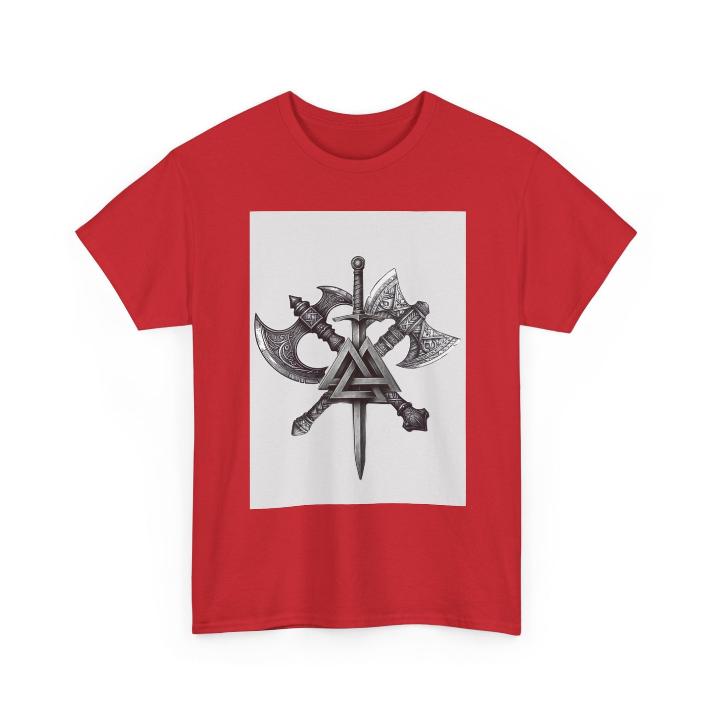 Valknut Viking Axe and Sword T-Shirt | Norse Rune Knotback Tee