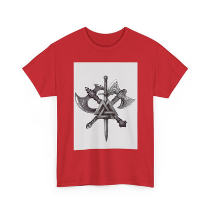 Valknut Viking Axe and Sword T-Shirt | Norse Rune Knotback Tee