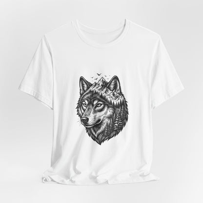 Wolf Head with Mountain Skyline T-Shirt | Nature Wildlife IllustrationTricou Unisex Premium Bella Canvas 3001 – Bumbac Moale, Stil Modern & Confort Zilnic
