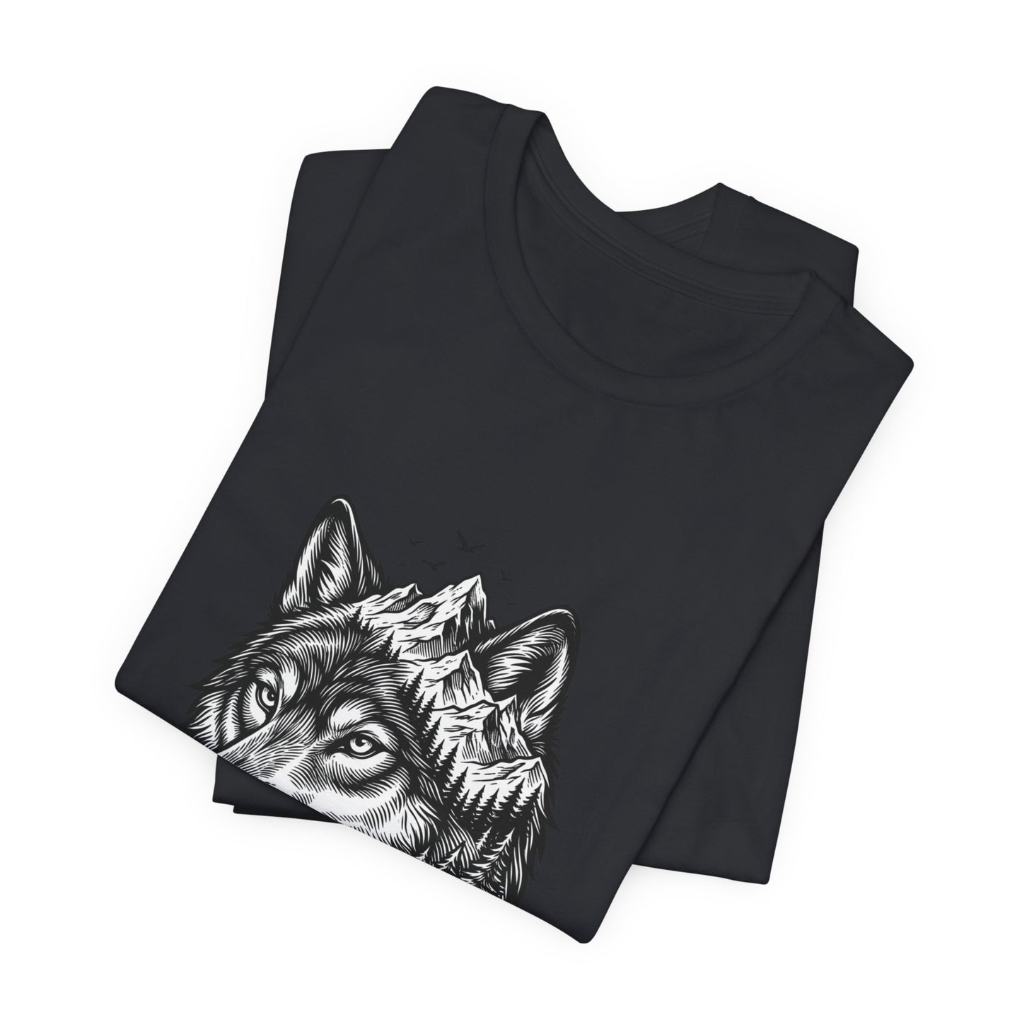 Wolf Head with Mountain Skyline T-Shirt | Nature Wildlife IllustrationTricou Unisex Premium Bella Canvas 3001 – Bumbac Moale, Stil Modern & Confort Zilnic