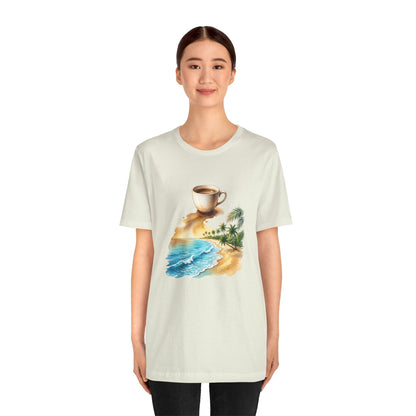 Coffee Beach Scene T-Shirt | Tropical Palm, Ocean WaveTricou Premium „Coffee & Ocean Escape” – 100% Bumbac Airlume, Design Artistic cu Cafea și Mare
