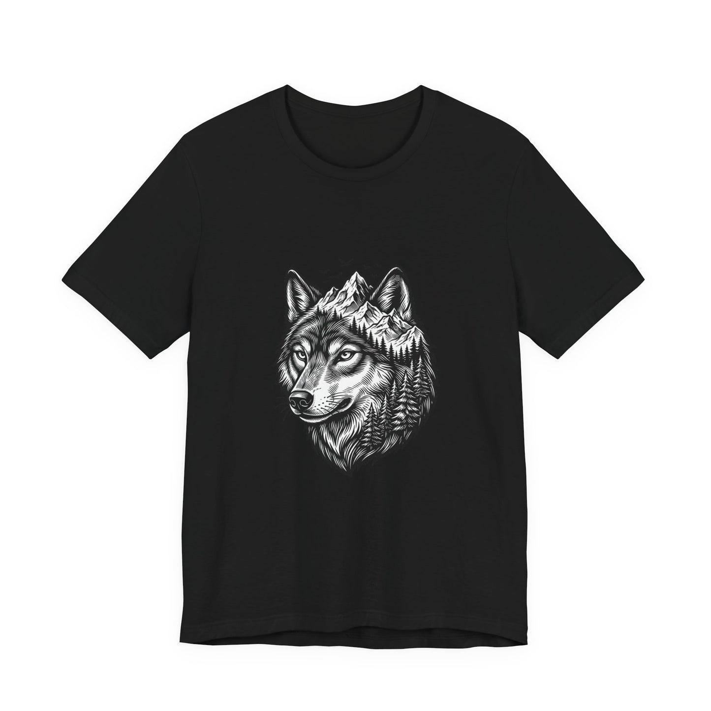 Wolf Head with Mountain Skyline T-Shirt | Nature Wildlife IllustrationTricou Unisex Premium Bella Canvas 3001 – Bumbac Moale, Stil Modern & Confort Zilnic