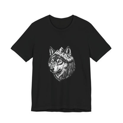 Wolf Head with Mountain Skyline T-Shirt | Nature Wildlife IllustrationTricou Unisex Premium Bella Canvas 3001 – Bumbac Moale, Stil Modern & Confort Zilnic