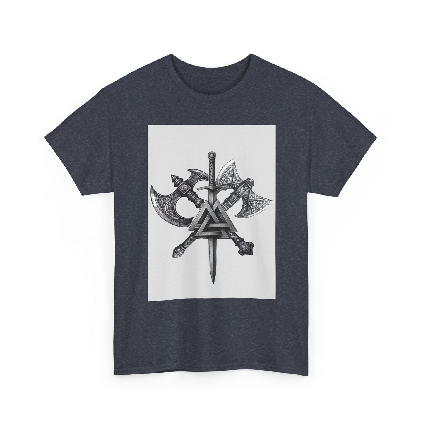 Valknut Viking Axe and Sword T-Shirt | Norse Rune Knotback Tee