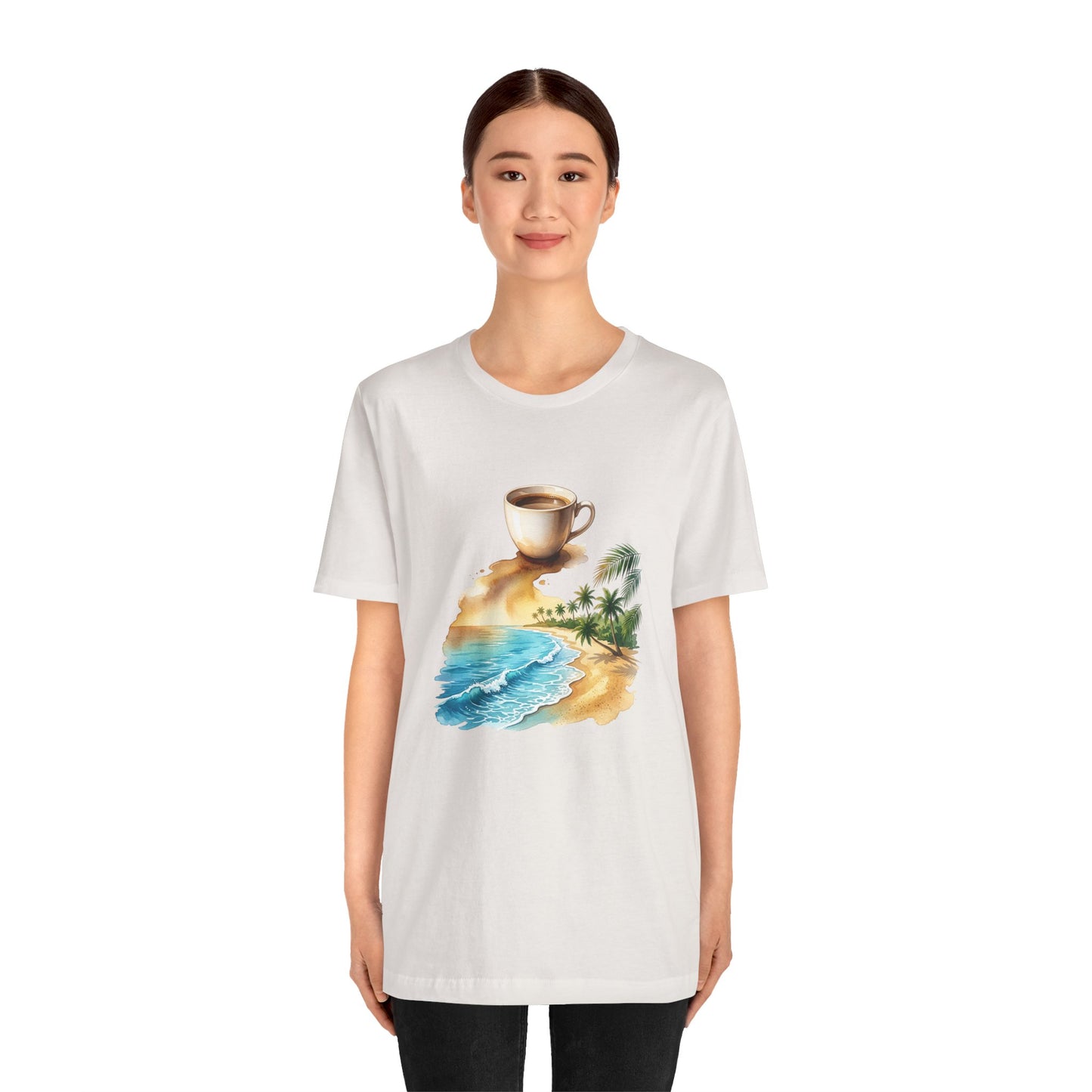 Coffee Beach Scene T-Shirt | Tropical Palm, Ocean WaveTricou Premium „Coffee & Ocean Escape” – 100% Bumbac Airlume, Design Artistic cu Cafea și Mare