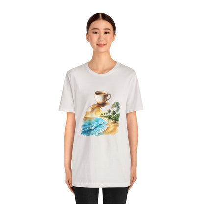 Coffee Beach Scene T-Shirt | Tropical Palm, Ocean WaveTricou Premium „Coffee & Ocean Escape” – 100% Bumbac Airlume, Design Artistic cu Cafea și Mare