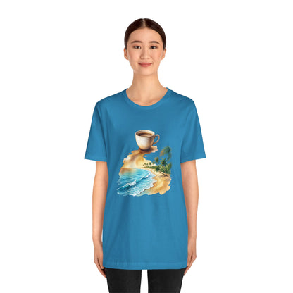 Coffee Beach Scene T-Shirt | Tropical Palm, Ocean WaveTricou Premium „Coffee & Ocean Escape” – 100% Bumbac Airlume, Design Artistic cu Cafea și Mare