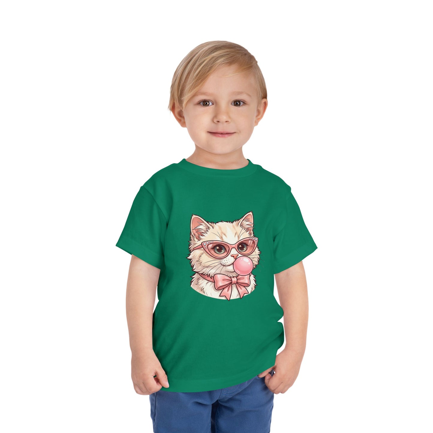 Cute Cat with Glasses and Bubblegum Toddler Tee | Pink Bow Cat Tricou Personalizat pentru Fetițe cu Pisicuță Roz Fashion | 100% Bumbac Premium pentru Copii
