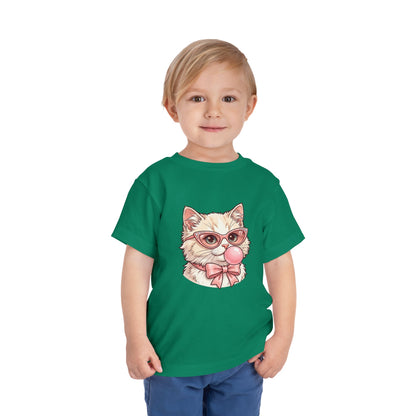 Cute Cat with Glasses and Bubblegum Toddler Tee | Pink Bow Cat Tricou Personalizat pentru Fetițe cu Pisicuță Roz Fashion | 100% Bumbac Premium pentru Copii