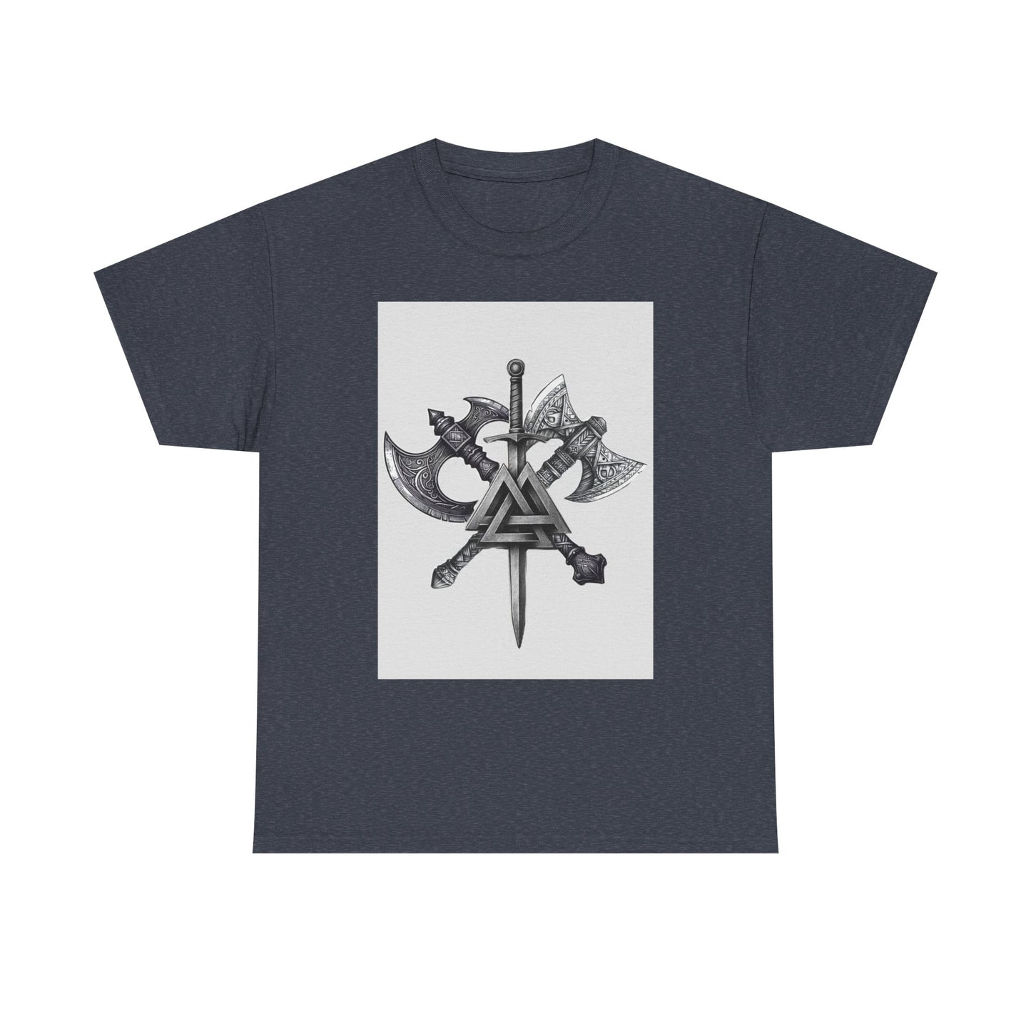 Valknut Viking Axe and Sword T-Shirt | Norse Rune Knotback Tee