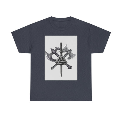 Valknut Viking Axe and Sword T-Shirt | Norse Rune Knotback Tee