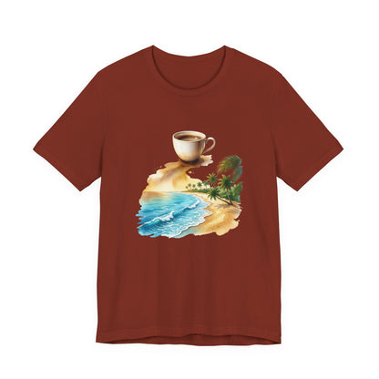 Coffee Beach Scene T-Shirt | Tropical Palm, Ocean WaveTricou Premium „Coffee & Ocean Escape” – 100% Bumbac Airlume, Design Artistic cu Cafea și Mare