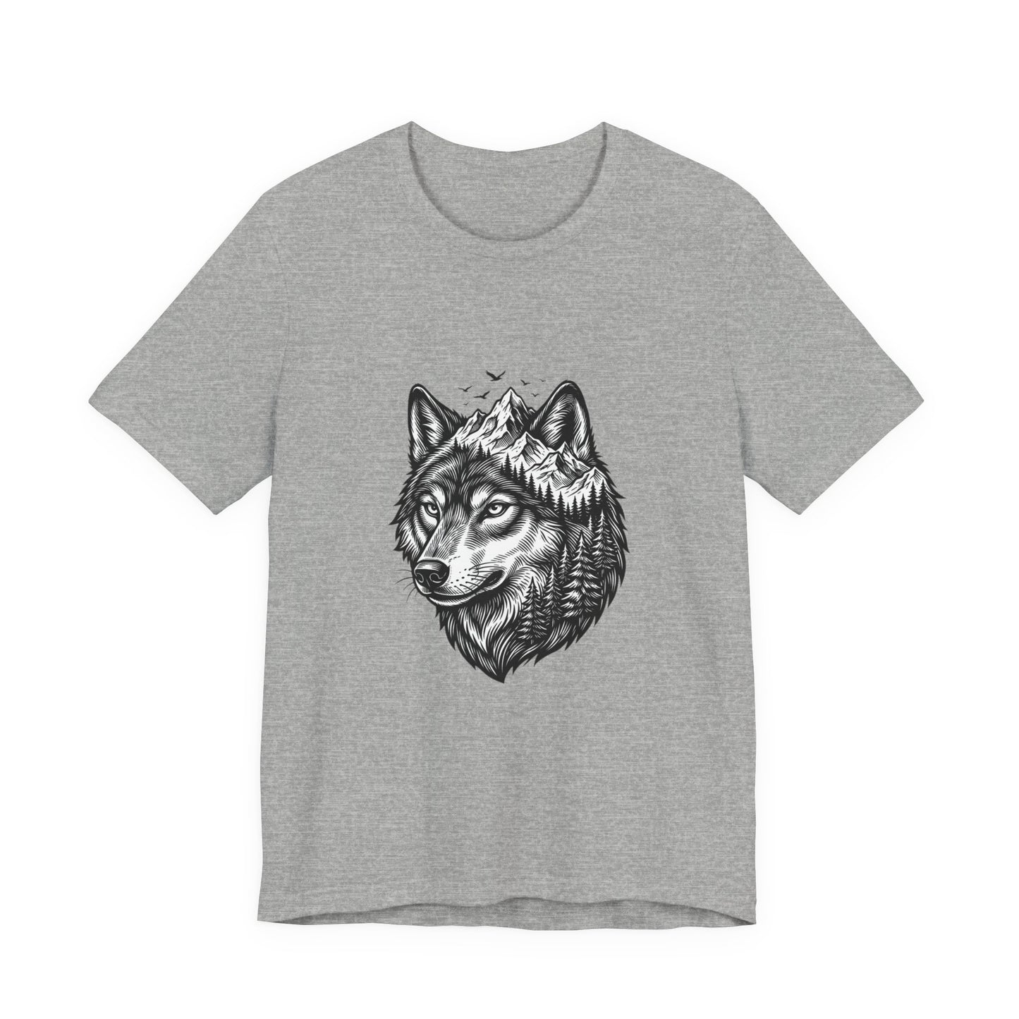 Wolf Head with Mountain Skyline T-Shirt | Nature Wildlife IllustrationTricou Unisex Premium Bella Canvas 3001 – Bumbac Moale, Stil Modern & Confort Zilnic