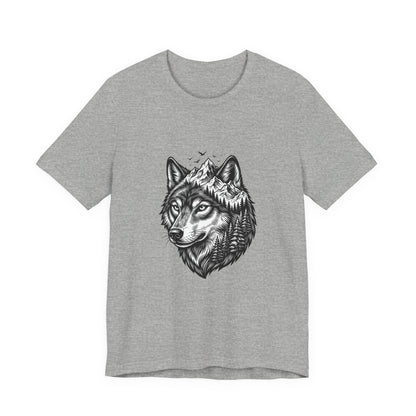 Wolf Head with Mountain Skyline T-Shirt | Nature Wildlife IllustrationTricou Unisex Premium Bella Canvas 3001 – Bumbac Moale, Stil Modern & Confort Zilnic