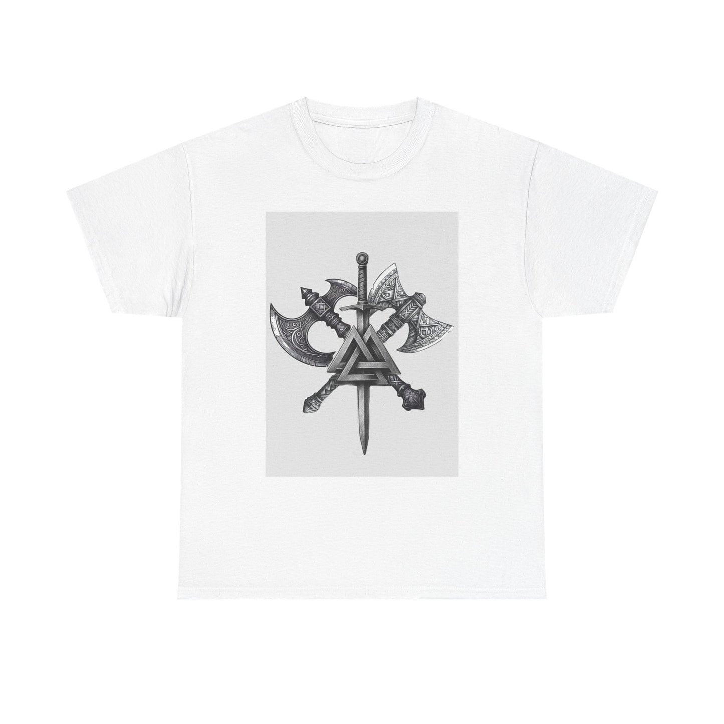 Valknut Viking Axe and Sword T-Shirt | Norse Rune Knotback Tee