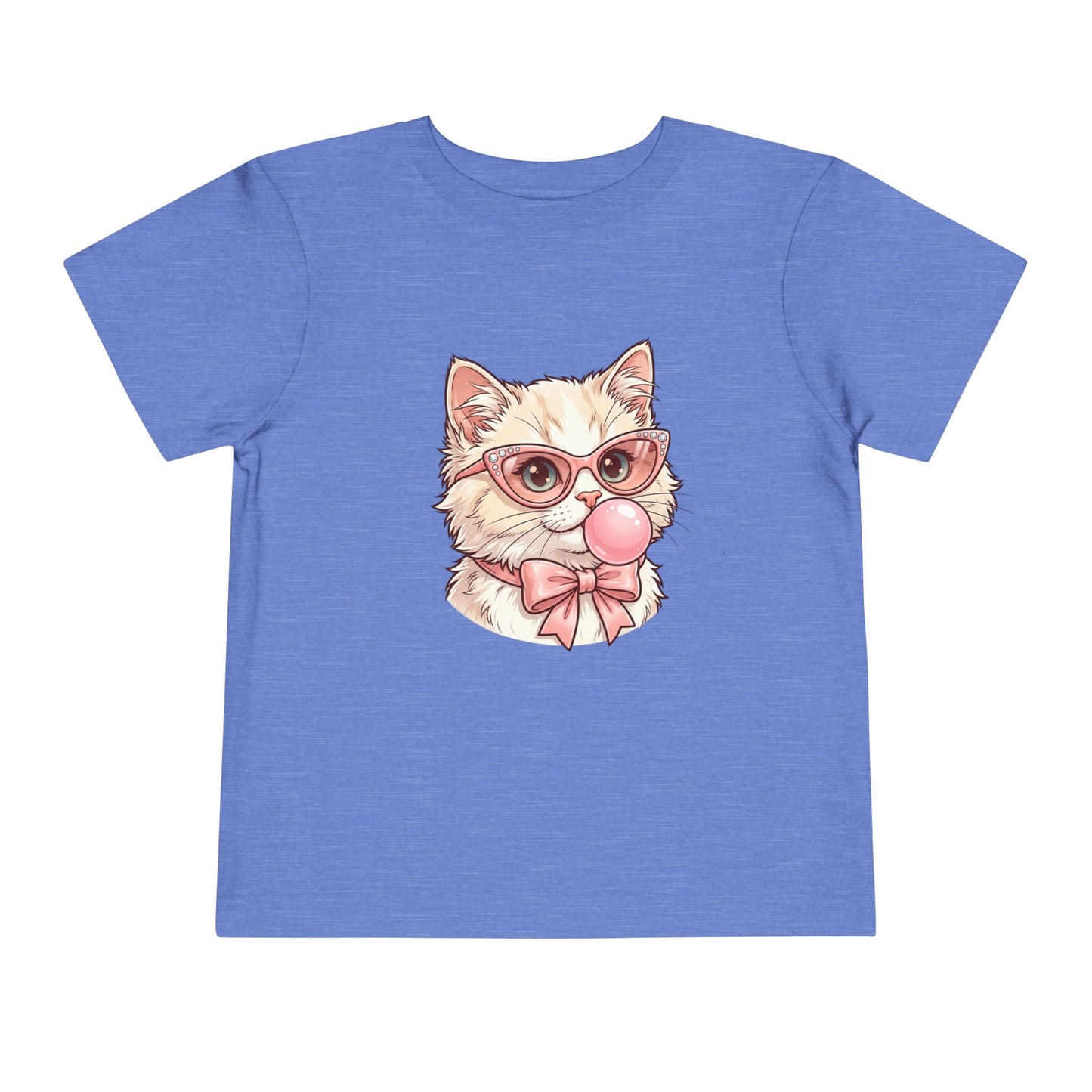 Cute Cat with Glasses and Bubblegum Toddler Tee | Pink Bow Cat Tricou Personalizat pentru Fetițe cu Pisicuță Roz Fashion | 100% Bumbac Premium pentru Copii