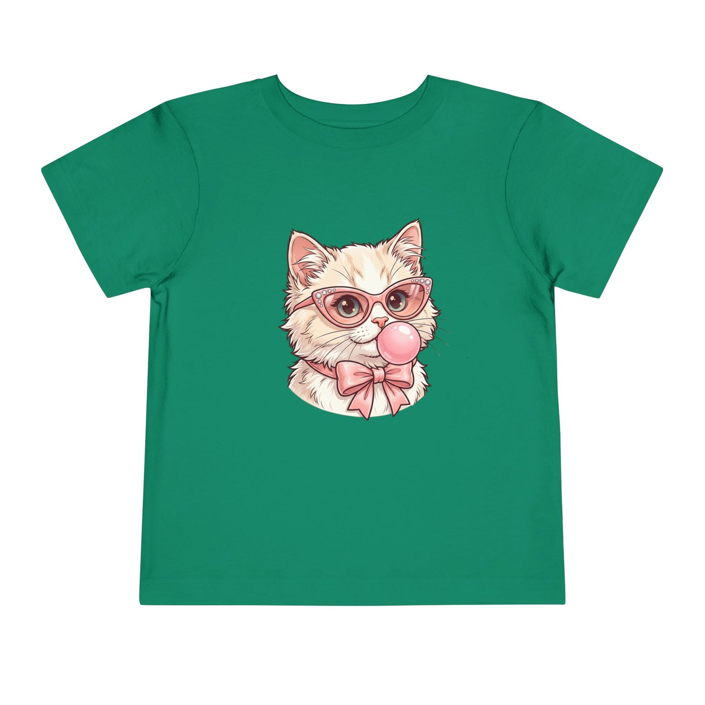 Cute Cat with Glasses and Bubblegum Toddler Tee | Pink Bow Cat Tricou Personalizat pentru Fetițe cu Pisicuță Roz Fashion | 100% Bumbac Premium pentru Copii