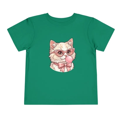 Cute Cat with Glasses and Bubblegum Toddler Tee | Pink Bow Cat Tricou Personalizat pentru Fetițe cu Pisicuță Roz Fashion | 100% Bumbac Premium pentru Copii