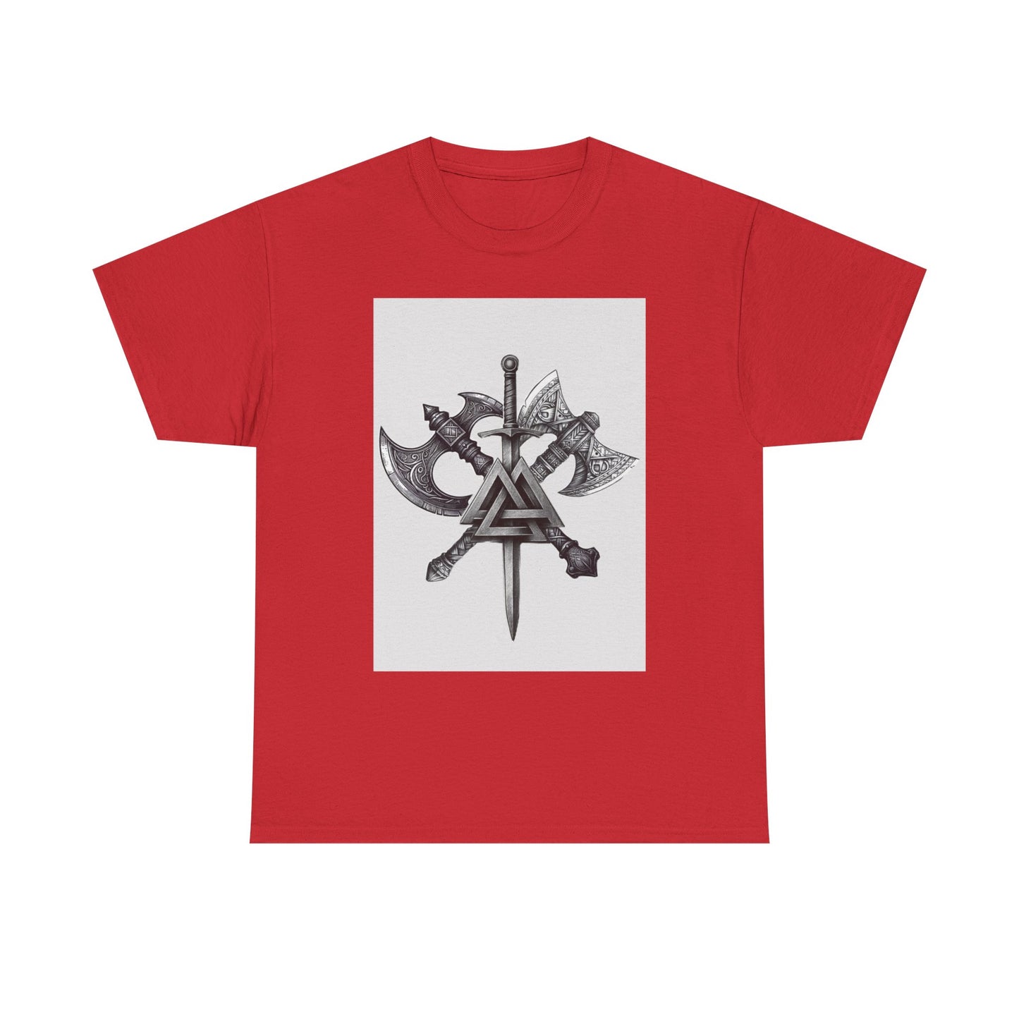 Valknut Viking Axe and Sword T-Shirt | Norse Rune Knotback Tee
