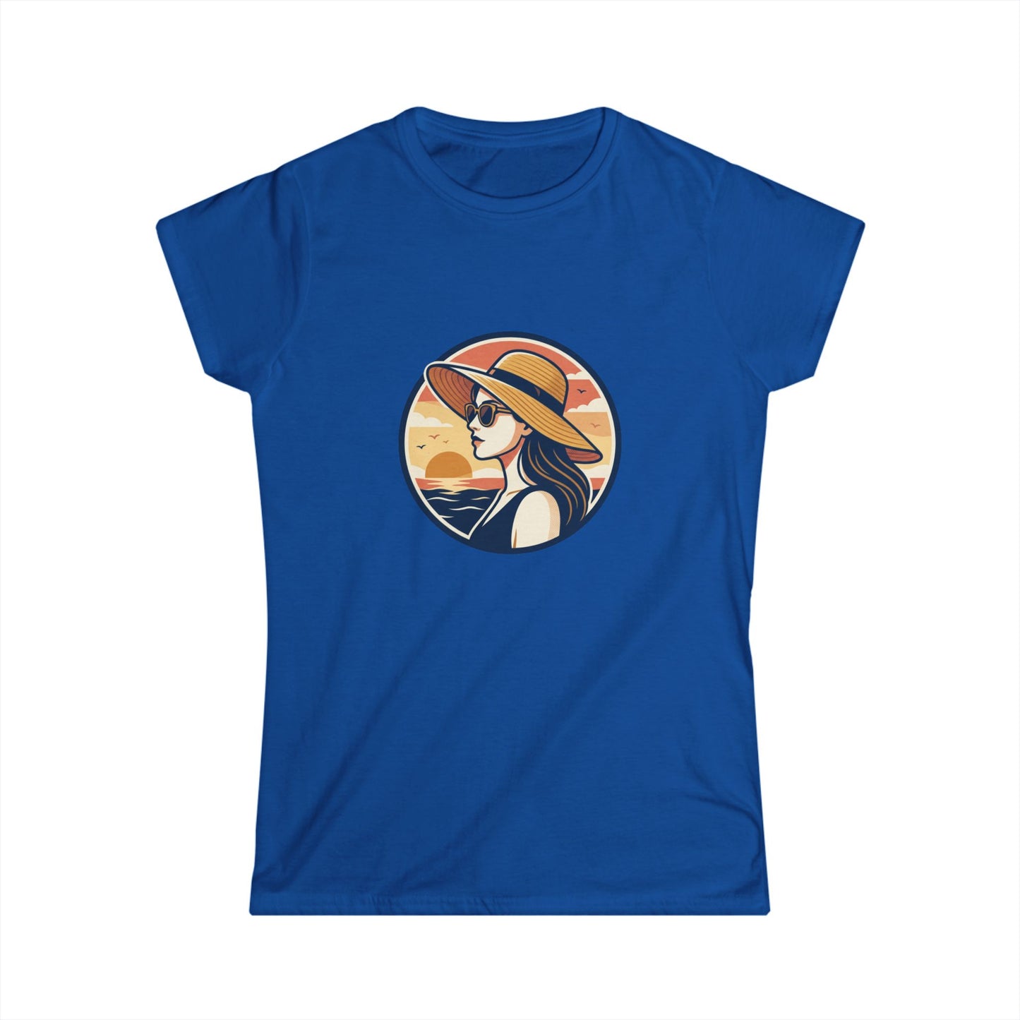 Woman in Sun Hat Tee | Retro Sunset Beach Illustration