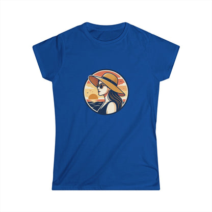 Woman in Sun Hat Tee | Retro Sunset Beach Illustration