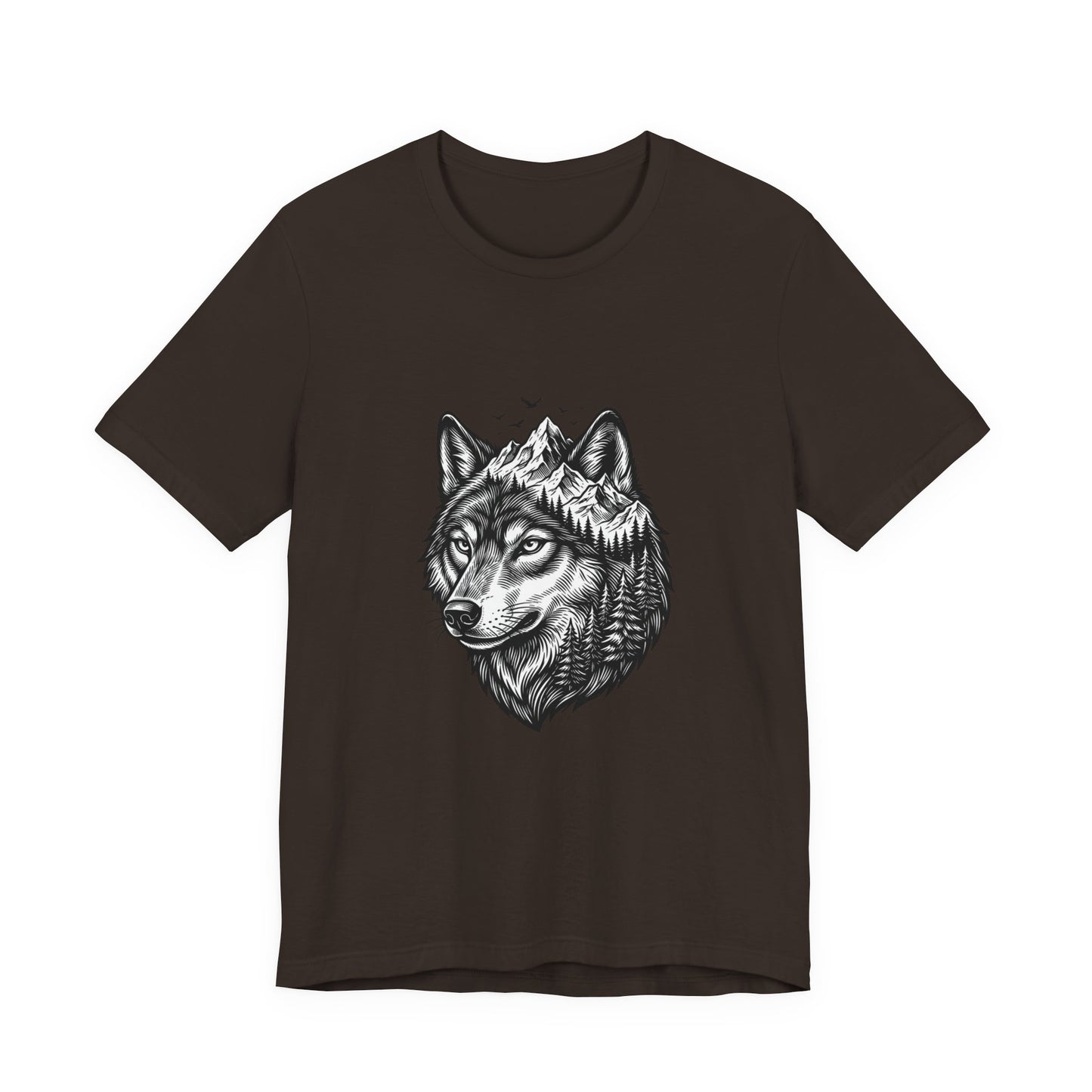 Wolf Head with Mountain Skyline T-Shirt | Nature Wildlife IllustrationTricou Unisex Premium Bella Canvas 3001 – Bumbac Moale, Stil Modern & Confort Zilnic