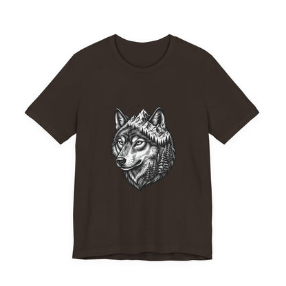 Wolf Head with Mountain Skyline T-Shirt | Nature Wildlife IllustrationTricou Unisex Premium Bella Canvas 3001 – Bumbac Moale, Stil Modern & Confort Zilnic