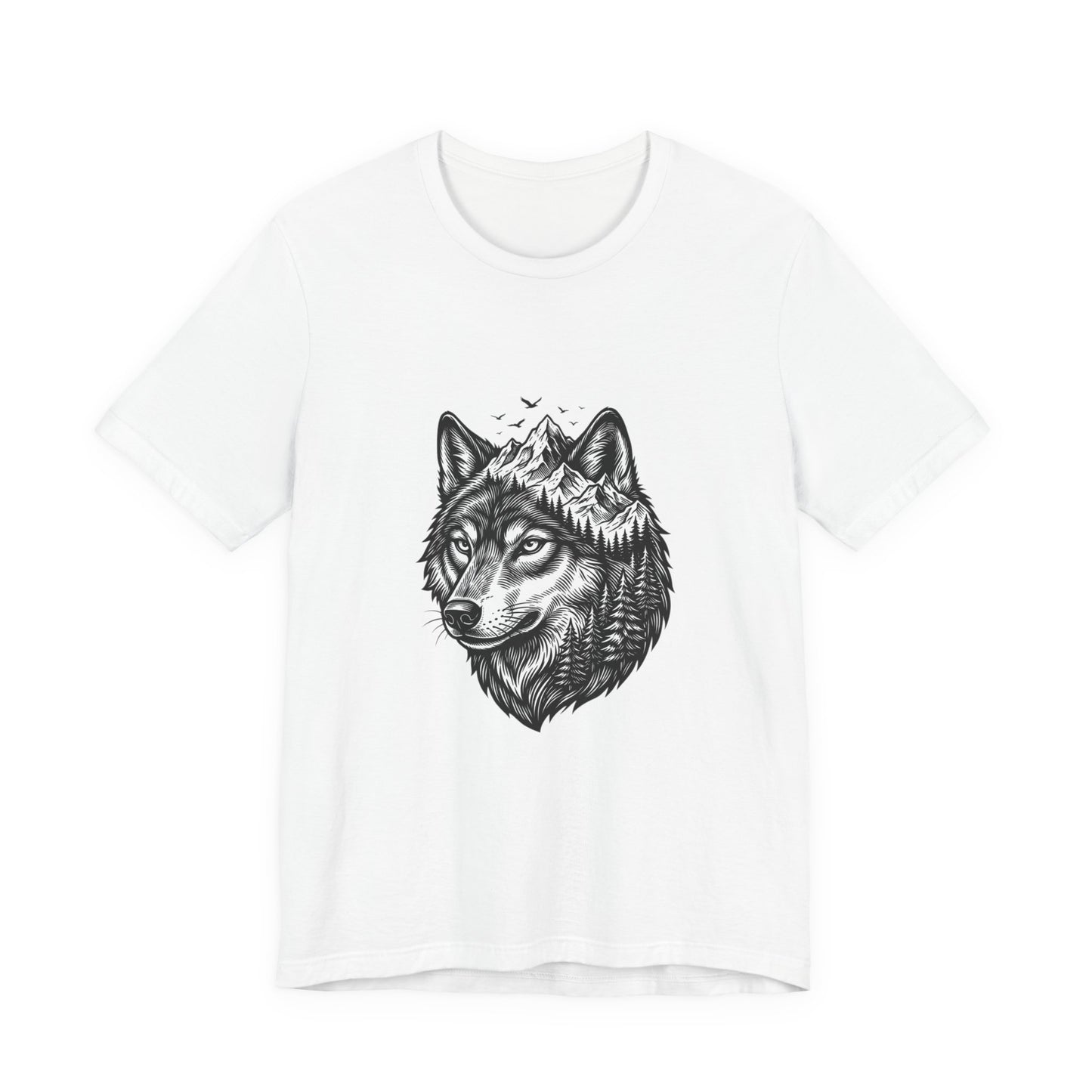 Wolf Head with Mountain Skyline T-Shirt | Nature Wildlife IllustrationTricou Unisex Premium Bella Canvas 3001 – Bumbac Moale, Stil Modern & Confort Zilnic