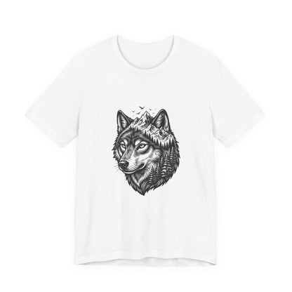 Wolf Head with Mountain Skyline T-Shirt | Nature Wildlife IllustrationTricou Unisex Premium Bella Canvas 3001 – Bumbac Moale, Stil Modern & Confort Zilnic