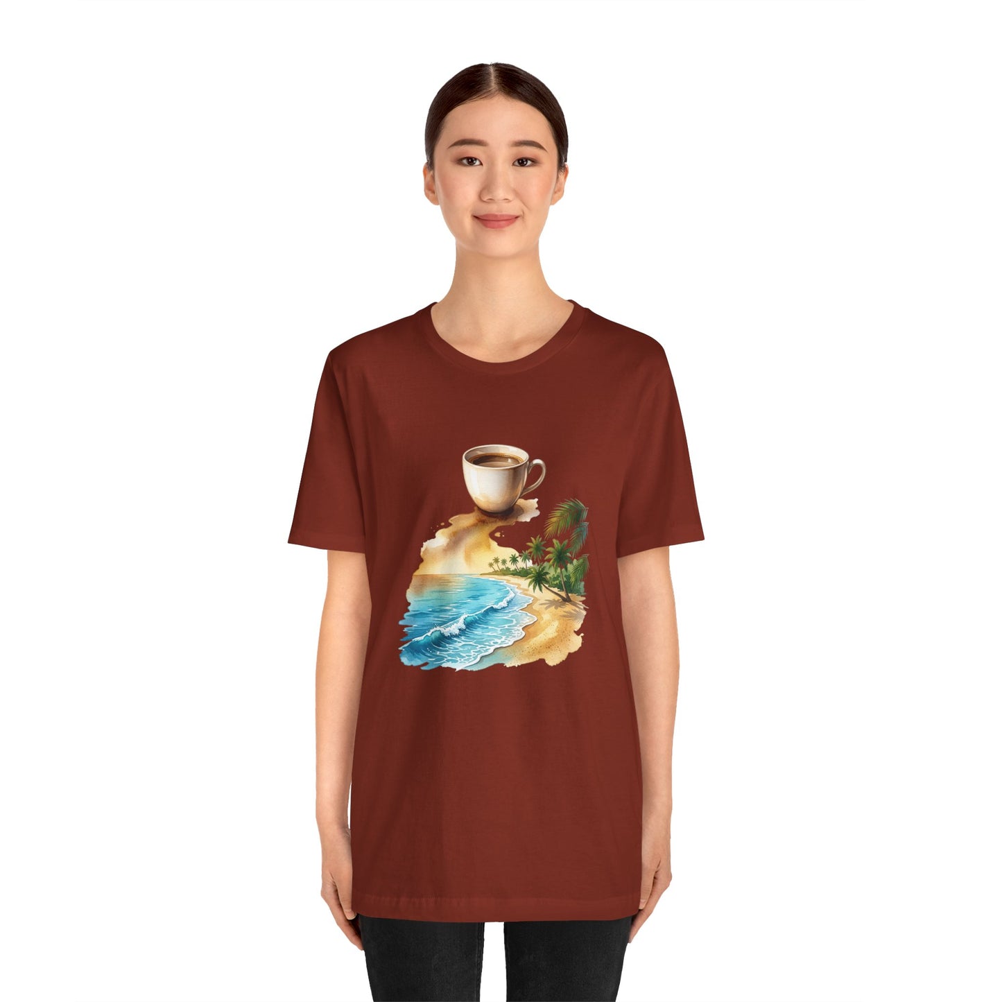 Coffee Beach Scene T-Shirt | Tropical Palm, Ocean WaveTricou Premium „Coffee & Ocean Escape” – 100% Bumbac Airlume, Design Artistic cu Cafea și Mare