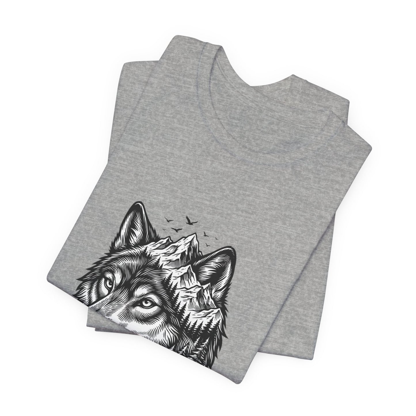 Wolf Head with Mountain Skyline T-Shirt | Nature Wildlife IllustrationTricou Unisex Premium Bella Canvas 3001 – Bumbac Moale, Stil Modern & Confort Zilnic