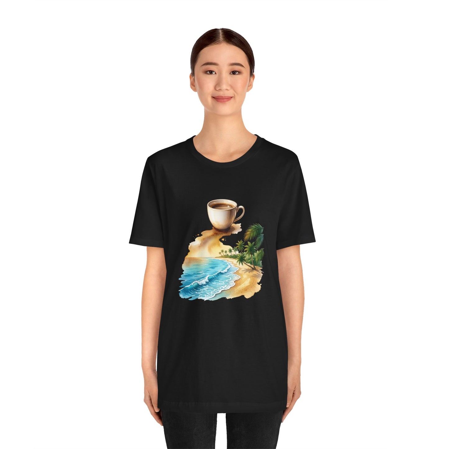 Coffee Beach Scene T-Shirt | Tropical Palm, Ocean WaveTricou Premium „Coffee & Ocean Escape” – 100% Bumbac Airlume, Design Artistic cu Cafea și Mare