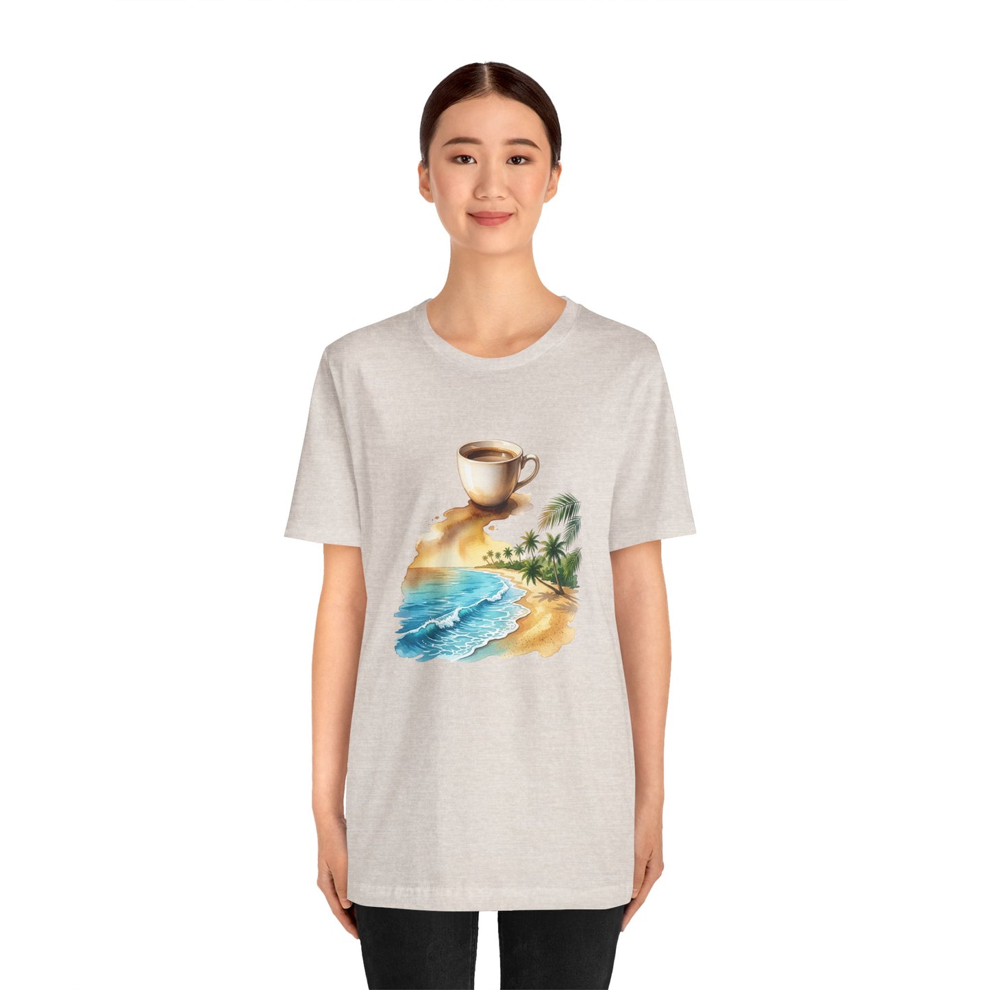 Coffee Beach Scene T-Shirt | Tropical Palm, Ocean WaveTricou Premium „Coffee & Ocean Escape” – 100% Bumbac Airlume, Design Artistic cu Cafea și Mare