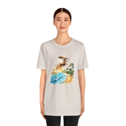 Coffee Beach Scene T-Shirt | Tropical Palm, Ocean WaveTricou Premium „Coffee & Ocean Escape” – 100% Bumbac Airlume, Design Artistic cu Cafea și Mare