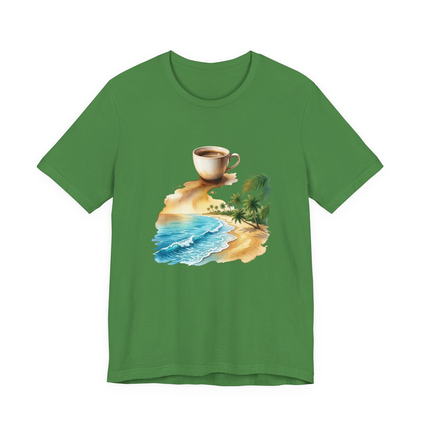 Coffee Beach Scene T-Shirt | Tropical Palm, Ocean WaveTricou Premium „Coffee & Ocean Escape” – 100% Bumbac Airlume, Design Artistic cu Cafea și Mare