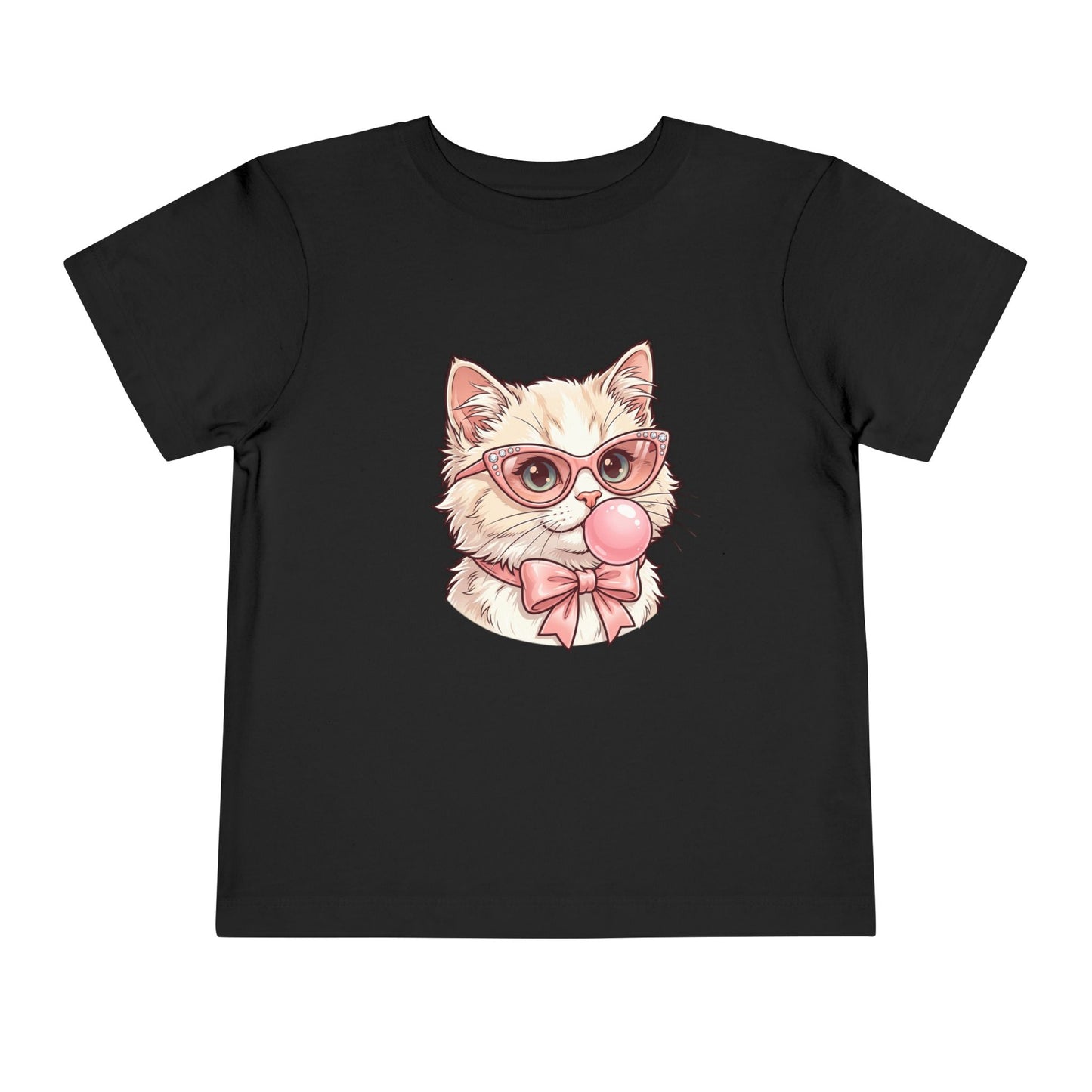 Cute Cat with Glasses and Bubblegum Toddler Tee | Pink Bow Cat Tricou Personalizat pentru Fetițe cu Pisicuță Roz Fashion | 100% Bumbac Premium pentru Copii