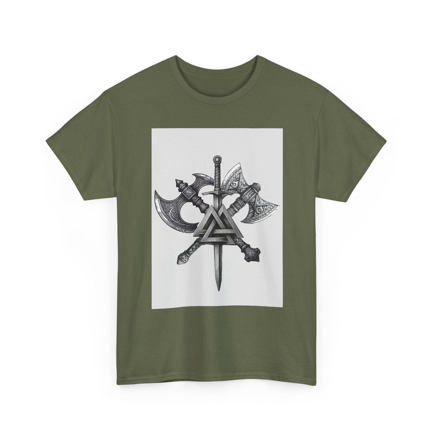 Valknut Viking Axe and Sword T-Shirt | Norse Rune Knotback Tee