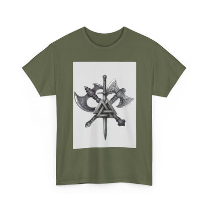 Valknut Viking Axe and Sword T-Shirt | Norse Rune Knotback Tee
