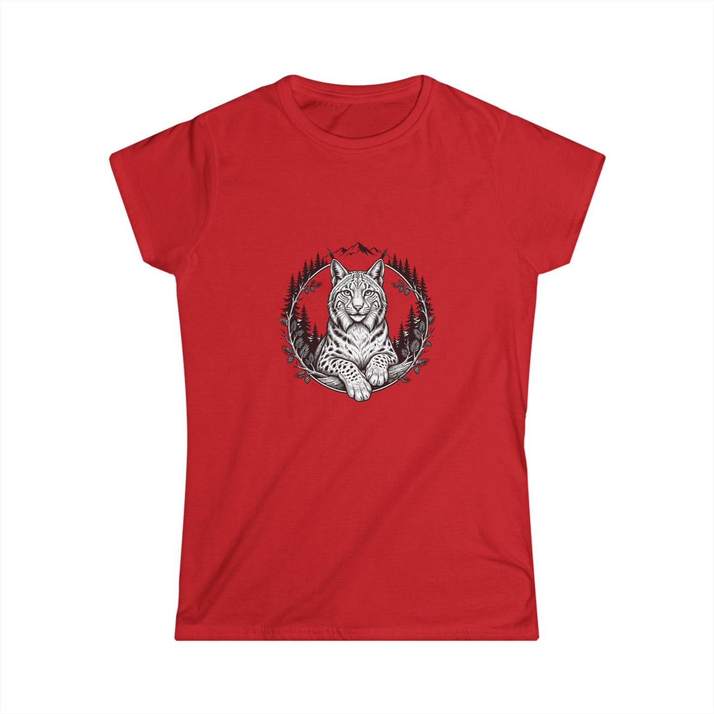 Lynx Forest Illustration Tee | Mountain Pines Wildlife ShirtTricou Damă Softstyle – Bumbac Premium, Croială Feminină & Confort Zilnic