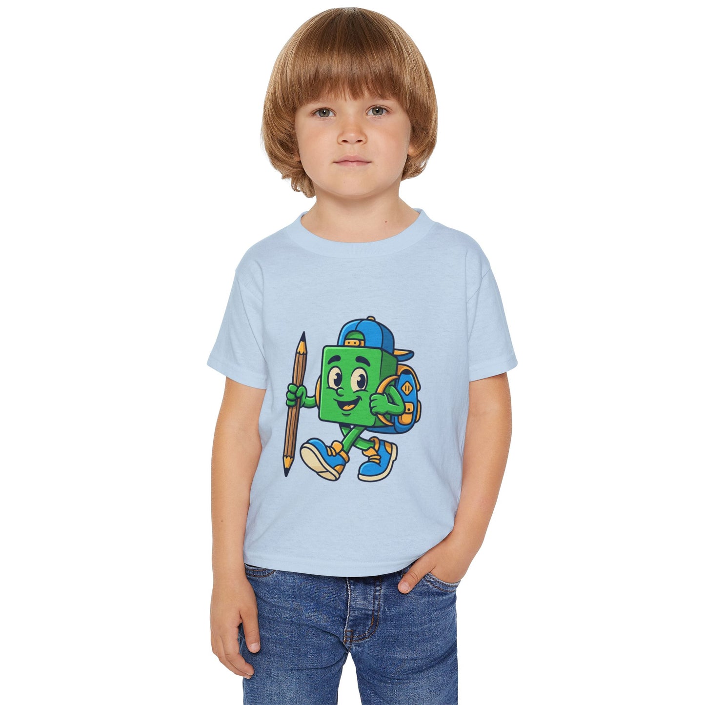 Back-to-School Cartoon Backpack Character Toddler T-shirt | Pencil Walking Kids ShirtTricou Personalizat pentru Băieți cu Aventurier Cartoon | 100% Bumbac Premium pentru Copii