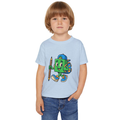 Back-to-School Cartoon Backpack Character Toddler T-shirt | Pencil Walking Kids ShirtTricou Personalizat pentru Băieți cu Aventurier Cartoon | 100% Bumbac Premium pentru Copii