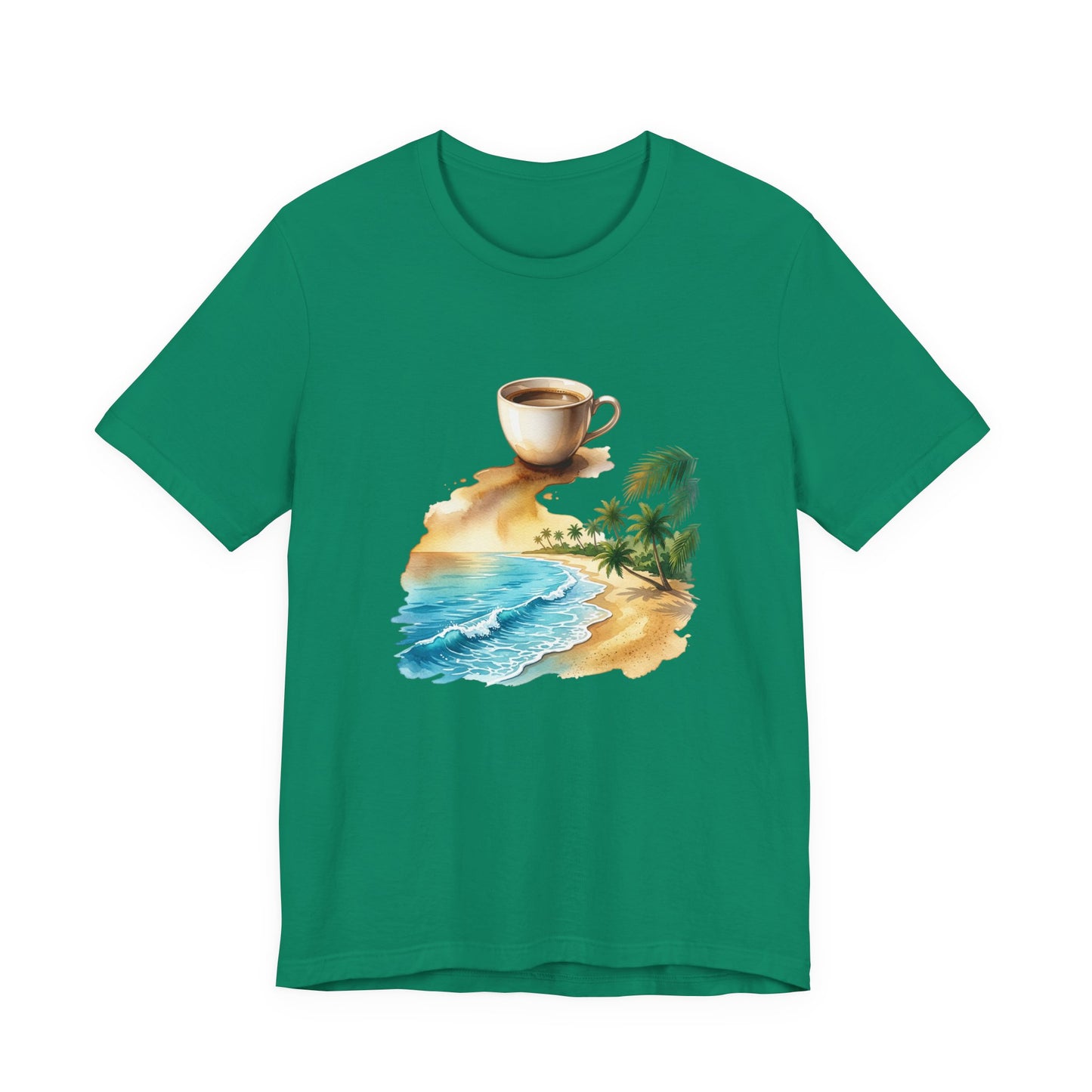 Coffee Beach Scene T-Shirt | Tropical Palm, Ocean WaveTricou Premium „Coffee & Ocean Escape” – 100% Bumbac Airlume, Design Artistic cu Cafea și Mare