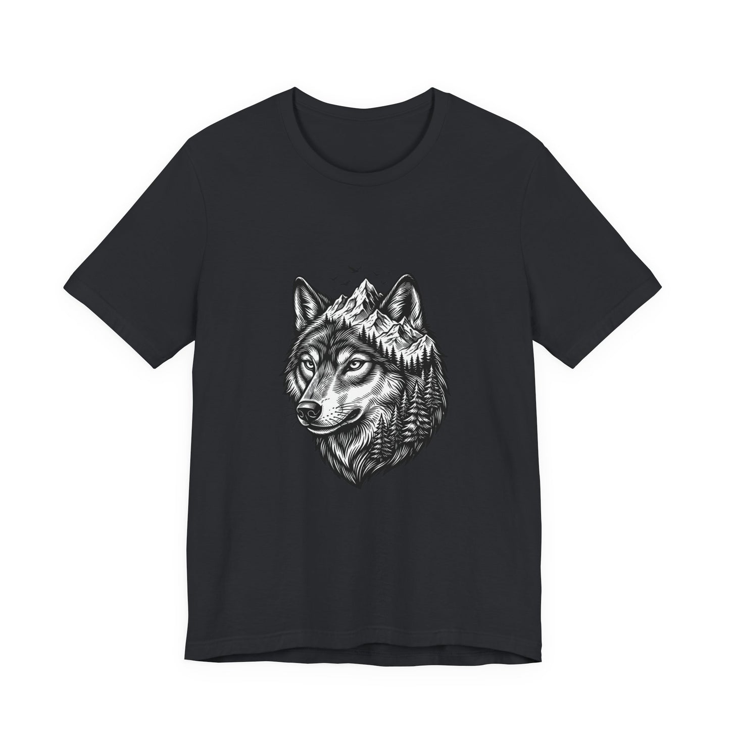 Wolf Head with Mountain Skyline T-Shirt | Nature Wildlife IllustrationTricou Unisex Premium Bella Canvas 3001 – Bumbac Moale, Stil Modern & Confort Zilnic