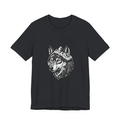 Wolf Head with Mountain Skyline T-Shirt | Nature Wildlife IllustrationTricou Unisex Premium Bella Canvas 3001 – Bumbac Moale, Stil Modern & Confort Zilnic