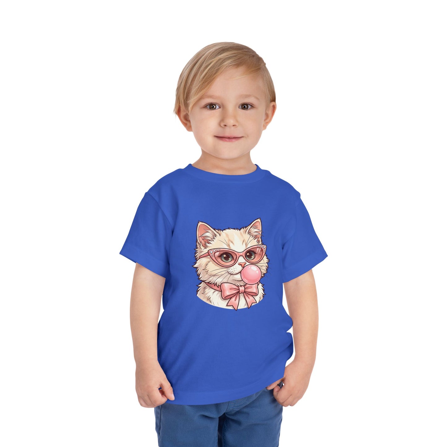 Cute Cat with Glasses and Bubblegum Toddler Tee | Pink Bow Cat Tricou Personalizat pentru Fetițe cu Pisicuță Roz Fashion | 100% Bumbac Premium pentru Copii