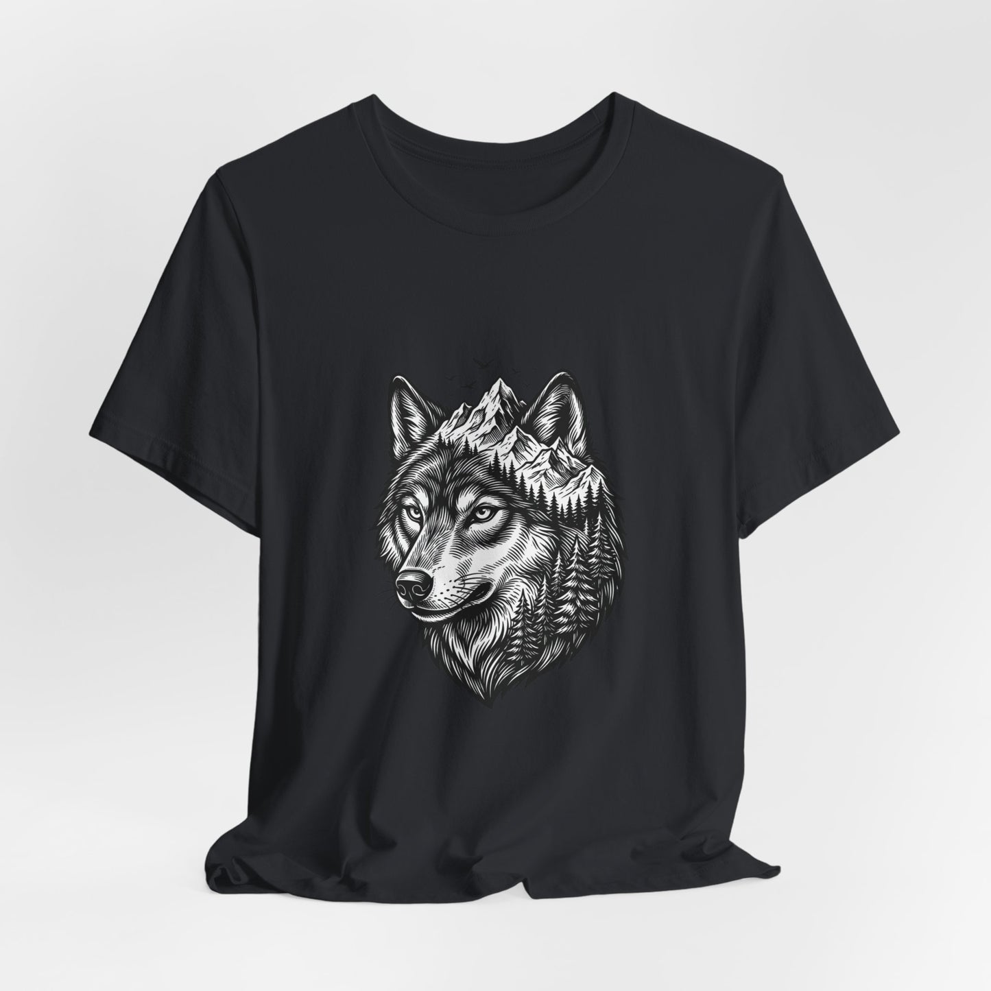 Wolf Head with Mountain Skyline T-Shirt | Nature Wildlife IllustrationTricou Unisex Premium Bella Canvas 3001 – Bumbac Moale, Stil Modern & Confort Zilnic